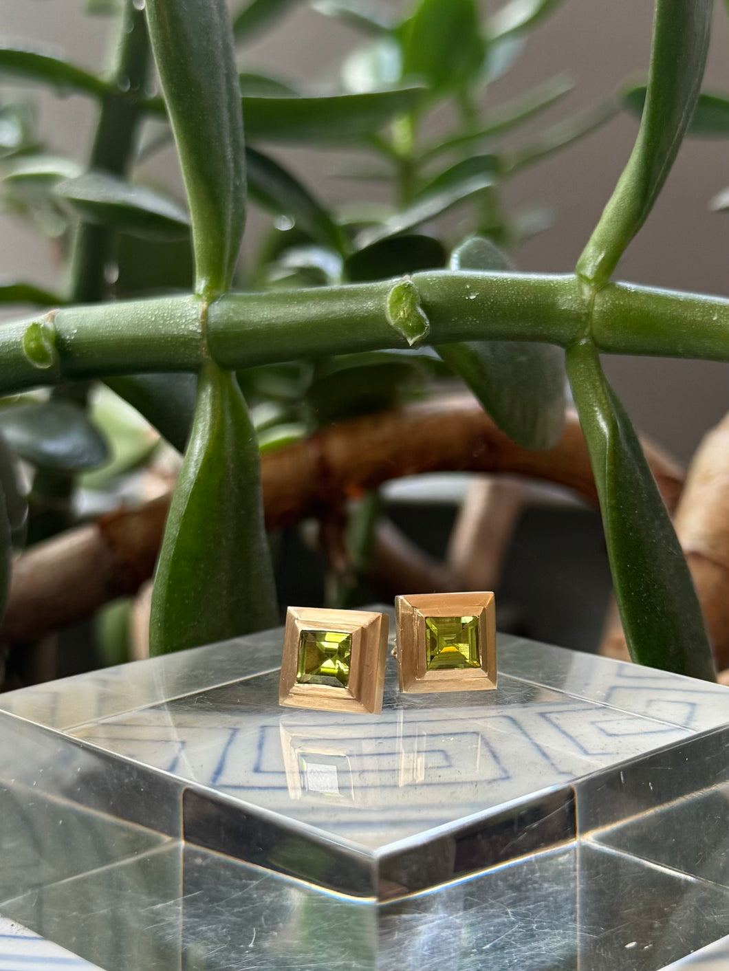 DS Square Bezel Set Peridot Earrings