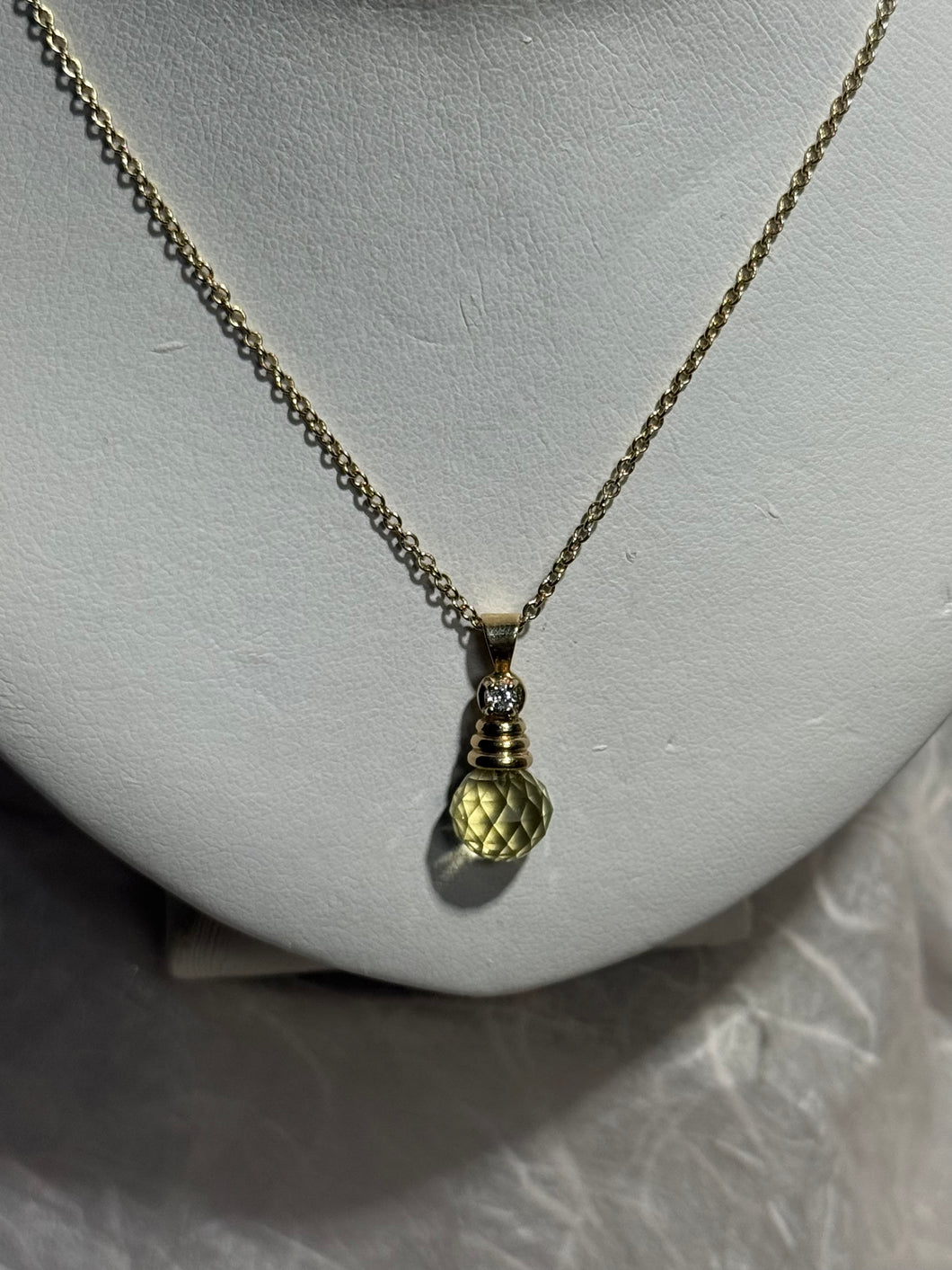 DS Lemon Lime Citrine Briolette Pendant 14k Yellow Gold Necklace
