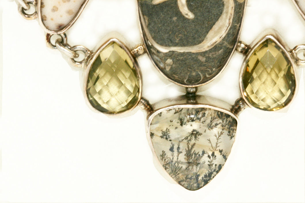 Fossilized Dendrite Crystal & Palm Multi-Stone Bezel Necklace