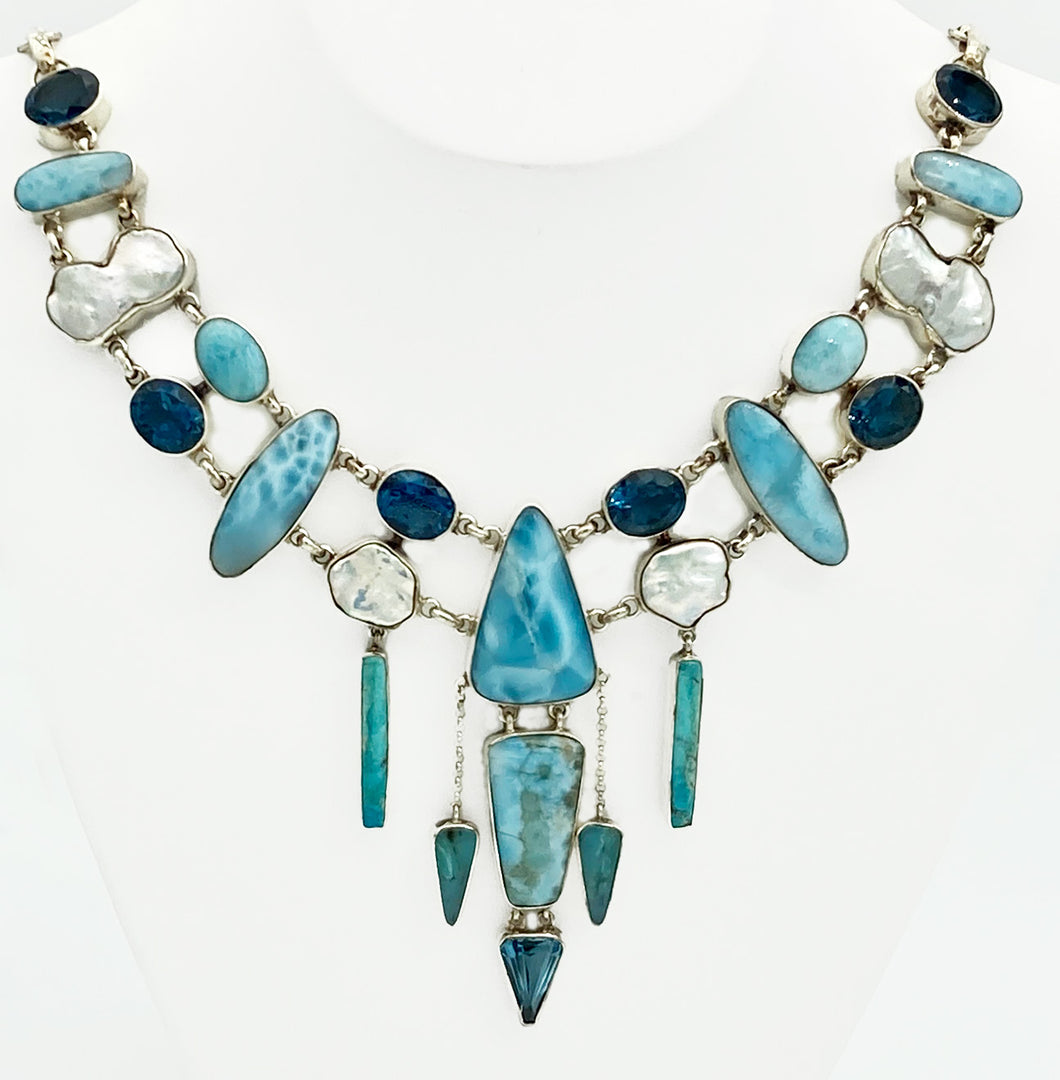 Larimar, London Blue Topaz, Pearl & Turquoise Necklace