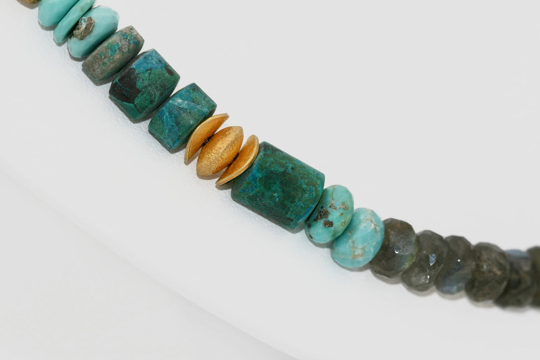 Labradorite, Chrysocolla, & Turquoise 22K yellow gold accent bead necklace